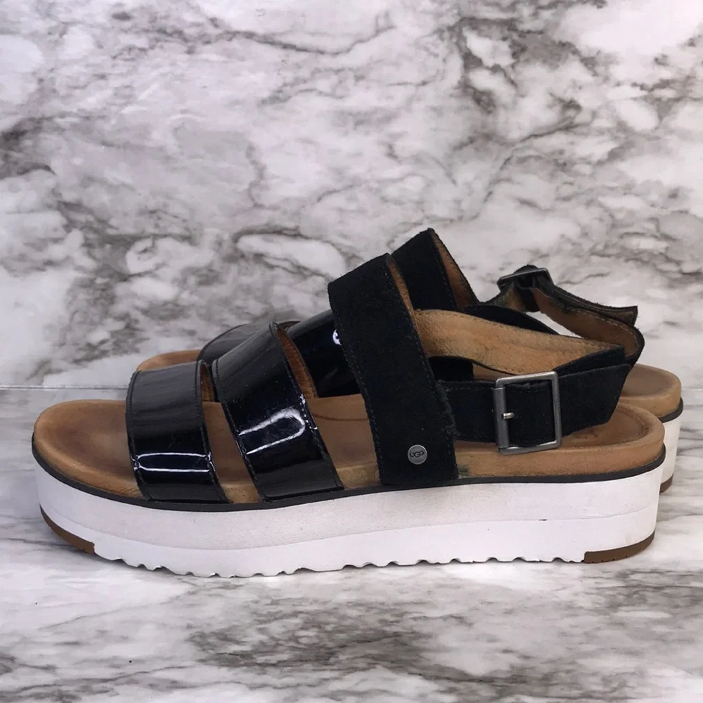 UGG Australia Womens Size 8 Braelynn Sandals Platform Black Patent/suede